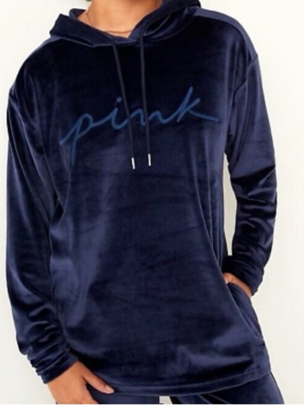 PINK Victoria's Secret Navy Velvet Hoodie with Script Logo